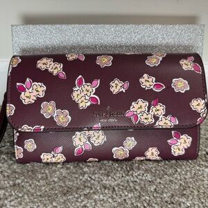 KATE SPADE Deep Berry Tinsel Frosted Floral Boxed Flap Wallet NEW